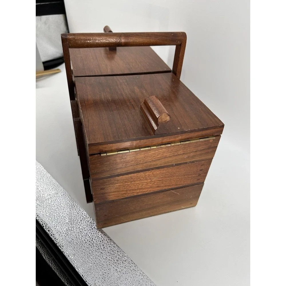 Vintage Mid Century Wooden Accordion Fold Out Sewing Box Cantilever Sewing Box